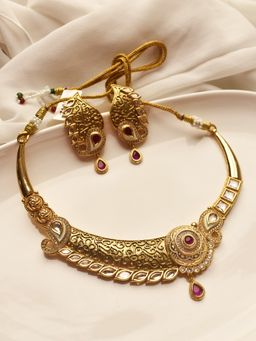 Peach Tassels - Multi-Color Stones Golden Polished Necklace Set