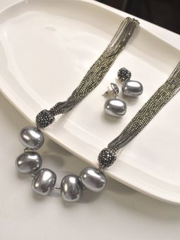 Peach Tassels - Grey Multi-Strand Pearl Drop Necklace Set