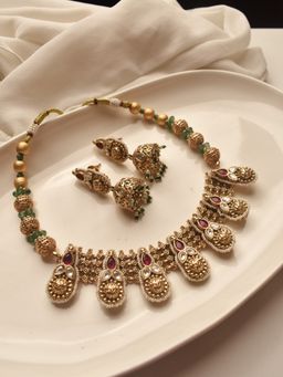 Peach Tassels - Multi-Color Beads & Gemstones Golden Necklace Set