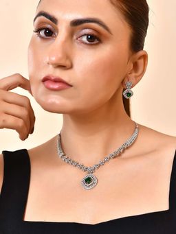 VOJ - Silver Plated Green Square Stone Studded Necklace Set