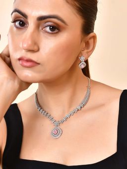 VOJ - Silver Plated Baby Pink Square Stone Studded Necklace Set