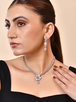 VOJ - White Silver Plated Ad Stone Studded Floral Necklace Set