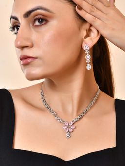 VOJ - Silver Plated Ad Stone Baby Pink Floral Necklace Set