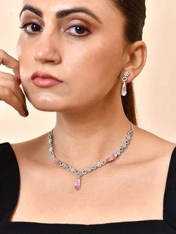 VOJ - Silver Plated Baby Pink Stone Studded Ad Necklace Set