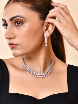 VOJ - Silver Plated Baby Pink Rectangular Stone Ad Necklace Set