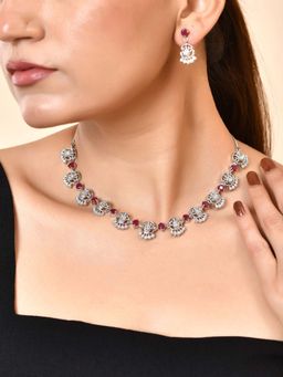 VOJ - Silver Plated Ad Wine Stone Temple Necklace Set