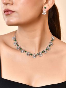 VOJ - Silver Plated Ad Green Stone Temple Necklace Set