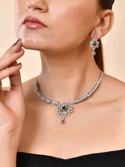 VOJ - Silver Plated Ad Stone Multi-Color Studded Designer Necklace Set