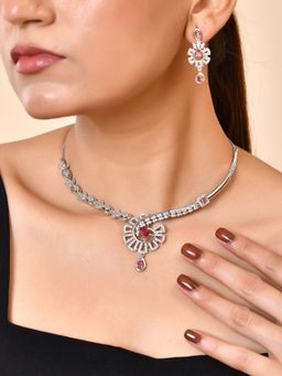 VOJ - Silver Plated Ruby Red Ad Stone Studded Designer Necklace Set