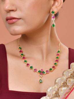VOJ - Gold Plated Multi-Color Square Stone Studded Necklace Set