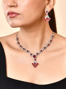 VOJ - Silver Plated Ruby Red Ad Stone Studded Necklace Set