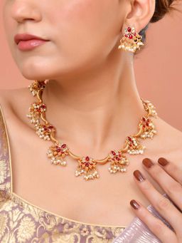 VOJ - Gold Tone Ruby Red Floral Necklace Set