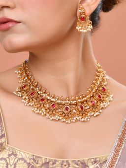 VOJ - Gold Plated Ruby Red Stone Oval Necklace Set