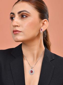 VOJ - Silver Plated Ruby Red Circular Stone Studded Floral Necklace Set