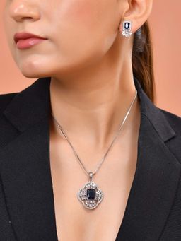VOJ - Silver Plated Blue Rectangular Stone Studded Necklace Set