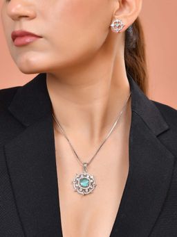 VOJ - Silver Plated Sea Green Circular Stone Studded Necklace Set