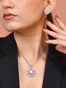 VOJ - Silver Plated Floral Shaped Baby Pink Circular Necklace Set