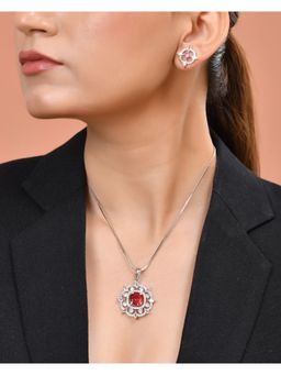 VOJ - Silver Plated Ruby Red Circular Stone Studded Necklace Set