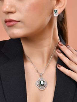 VOJ - Silver Plated Green Rectangular Shaped Necklace Set
