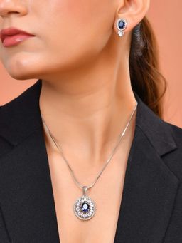 VOJ - Silver Plated Oval Shaped Blue Stone Studded Necklace Set