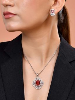 VOJ - Silver Plated Ruby Red Rectangular Stone Studded Necklace Set