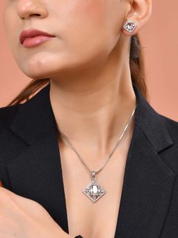 VOJ - Silver Plated Square Shaped White Ad Necklace Set