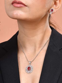 VOJ - Silver Plated Oval Shaped Ruby Red Necklace Set