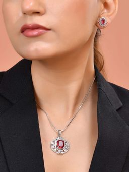 VOJ - Silver Plated Ruby Red Rectangular Cz Stone Studded Necklace Set