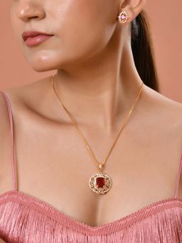 VOJ - Gold Plated Ruby Red Rectangular Cz Stone Studded Necklace Set