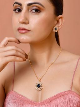 VOJ - Gold Plated Circular Blue Cz Stone Studded Necklace Set