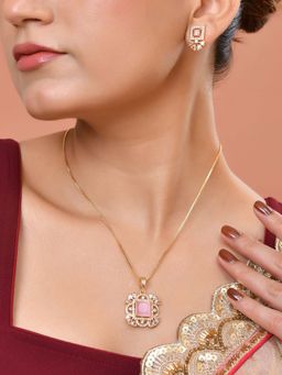 VOJ - Gold Plated Baby Pink Square Ad Stone Studded Necklace Set