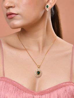VOJ - Gold Plated Green Oval Shaped Ad Stone Studded Necklace Set