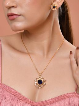 VOJ - Gold Plated Blue Circular Stone Studded Floral Ad Necklace Set