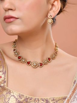 VOJ - Gold Tone Floral With Ruby Red Stone Ad Necklace Set