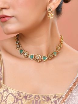 VOJ - Gold Tone Floral With Teal Green Stone Ad Necklace Set