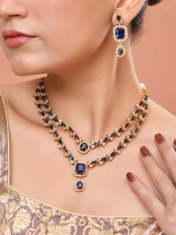 VOJ - Gold Plated Dual Layer Blue Stone Studded Necklace Set