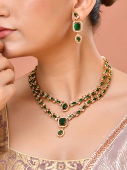 VOJ - Gold Plated Dual Layer Green Stone Studded Necklace Set