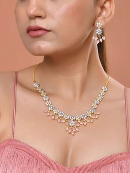 VOJ - Pink Gold-Toned Ad Stone Studded Floral Necklace Set