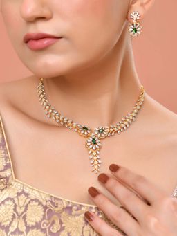 VOJ - Gold Plated Lead Designed Green Stone Ad Necklace Set