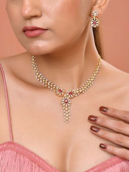 VOJ - Gold Plated Lead Designed Ruby Red Stone Ad Necklace Set