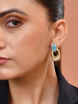 VOJ - Gold Plated Blue Stone Studded Oval Shaped Drop Earrings