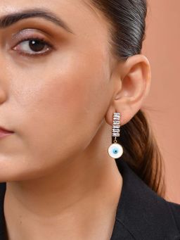 VOJ - White Gold Plated Stone Studded Evil Eye Drop Earrings