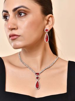 VOJ - Silver-Plated Ad & Ruby Red Cubic Zirconia Studded Necklace Set