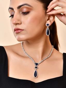 VOJ - Silver-Plated Ad & Blue Cubic Zirconia Studded Necklace Set