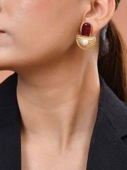 VOJ - Gold Plated Red Stone & Pearl Dome Shaped Drop Earrings