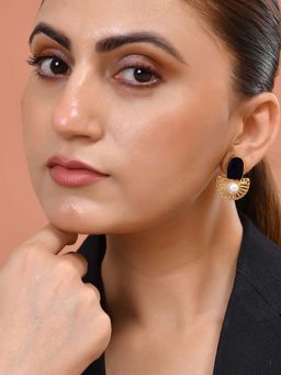 VOJ - Gold Plated Black Stone & Pearl Dome Shaped Drop Earrings