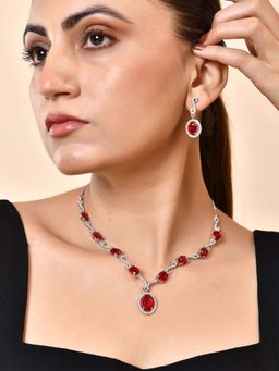 VOJ - Silver Plated Oval Ruby Red Stone Studded Ad Necklace Set