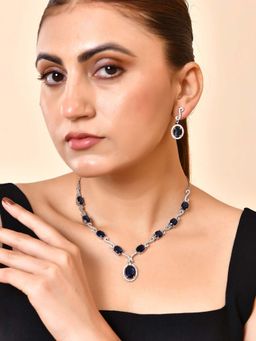 VOJ - Silver Plated Oval Blue Stone Studded Ad Necklace Set