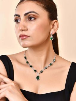 VOJ - Silver Plated Oval Green Stone Studded Ad Necklace Set