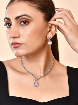 VOJ - Silver Plated Baby Pink Drop Shaped Stone Ad Stone Necklace Set
